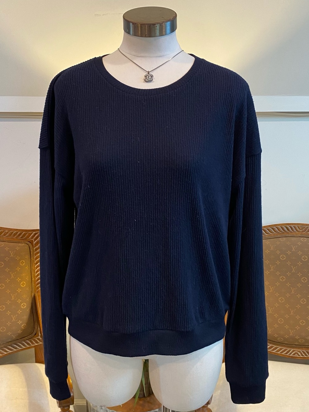 NWT Chelsea Peers Navy Blue Ribbed Crewneck Sweater